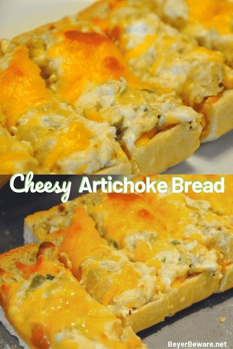 Cheesy Artichoke Bread is a simple appetizer combining artichoke hearts with lots of cheese, garlic, and onions on Italian bread for perfect finger food for any party. #Appetizers #Artichokes #Cheese #CheesyBread Artichoke Bread, Simple Appetizer, Artichoke Recipes, Iron Chef, Italian Appetizers, Cheesy Bread, Creole Recipes, Appetizer Bites, Party Appetizers