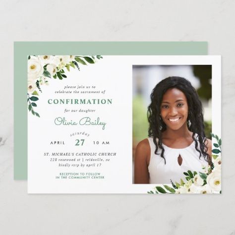 $2.95 | Sweet Greenery Floral Photo Confirmation #modern rustic floral, watercolor botanical greenery, green leaves and ivory flowers, modern typography, affordable, spring and summer floral, diy invitation design templates, holy confirmation, pretty feminine invitations, catholic christian religious sacrament Sacrament Of Confirmation, Confirmation Invitation, Watercolor Frame, Confirmation Invitations, Floral Diy, Invitation Design Template, Ivory Roses, Ivory Flowers, Floral Photo