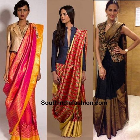 7-modern-ways-to-style-your-kanjeevaram-saree Kurti With Saree Style, Jacket Saree Blouse Design, How To Style Kanjivaram Saree, Jacket Saree Style, Silk Saree Wearing Styles Ideas, Jacket Style Blouses For Saree, Silk Saree Draping Styles Modern, Kanjeevaram Saree Look, Saree With Jacket Style