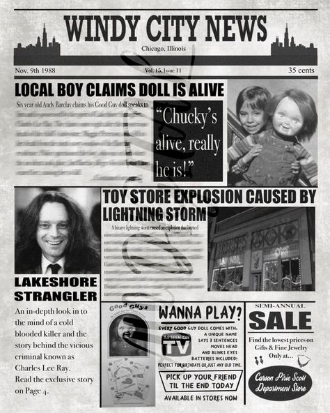 Charles Lee Ray, Dark Academia Posters, Andy Barclay, Brad Dourif, Classic Horror Movies Posters, Horror Crafts, Poster Horror, Good Guy Doll, Newspaper Report