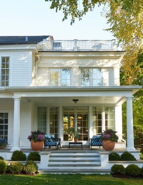 Colonial Back Porch, Nancy Meyers House Exterior, 2nd Story Porch, New England Style Home Exterior, Nantucket Porch, Italianate House Exterior, Adding A Front Porch, Cape House Exterior, Mafia House