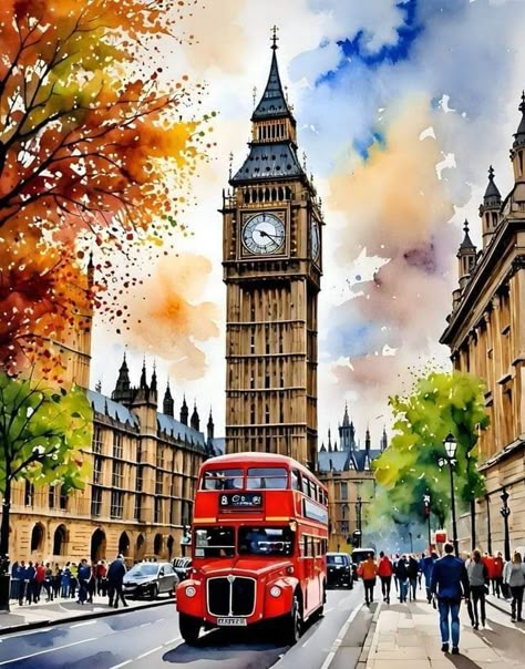 London Watercolor Paintings, England Landmarks, Big Ben Painting, England Painting, London Watercolor, Big Ben Art, Watercolor Cityscape, Cityscape Paintings, London Big Ben