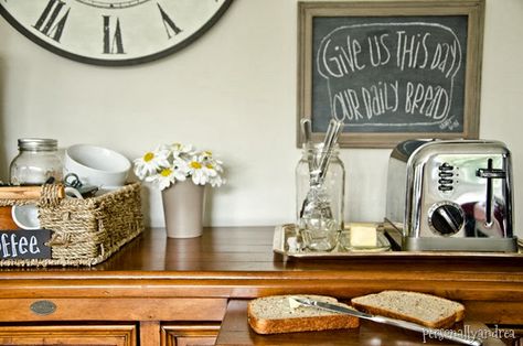 Organized Kitchen | toast station on a vintage tray, chalkboard art, coffee accessories in a basket | personallyandrea.com Toaster Counter Decor, Toaster Tray Ideas, Toasters On Kitchen Counters, Toaster On Counter, Toaster On Kitchen Counter, Toaster Decor, Toaster Station, Toast Station, Chalkboard Art Coffee