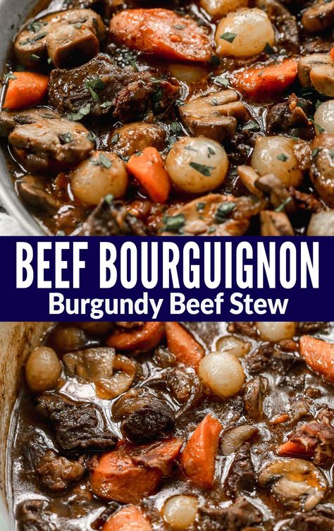 How to make beef Bourguignon, a classic French beef stew with fall-apart tender beef, carrots, mushrooms, and onion in a rich red wine sauce. Slow Cooker Beef Bourguignon, French Beef Stew, Beef Chunks, Beef Bourguignon Recipe, Beef Stew Crockpot, Thanksgiving Menu Ideas, Red Wine Sauce, Potted Beef, Crockpot Recipes Beef