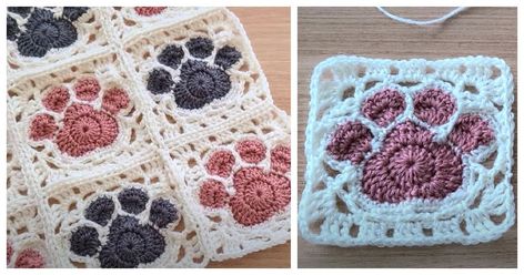 Paw Crochet, Flower Blanket, Square Crochet, Granny Square Crochet Pattern, Crochet Free, Crochet Rug, Paw Prints, Love Crochet, Square Pattern