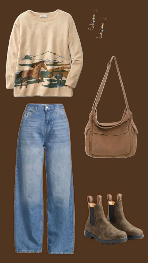 #outfit #inspiration #fashion #style #clothes #horsegirl #granolagirl #pnw #blundstones #cozy #sweater #aesthetic Pnw Aesthetic Fashion, Blundstones Outfit, Cozy Sweater Aesthetic, Crunchy Outfits, Blundstone Outfits, Blundstone Outfit, Sweater Aesthetic, Granola Girl Aesthetic, Earthy Style