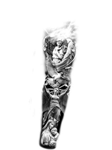 Angel Sleeve Tattoos For Guys, Realistic Tattoos Men, Sleeve Tattoos Angel, Angel On Forearm Tattoo, Roman Angels Tattoos, Angel Theme Tattoo Sleeve, Guardian Angel Full Sleeve Tattoo, Angel Sleeve Tattoo, Arm Tattoos Black