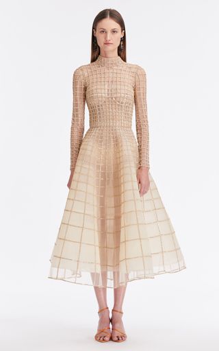 Crystal Grid Midi Dress By Oscar De La Renta | Moda Operandi Grid Dress, Crystal Lattice, Embroidered Cocktail Dress, Illusion Tulle, Long Sleeve Cocktail Dress, Mock Neckline, Crystal Grid, Silk Chiffon, Nordstrom Dresses