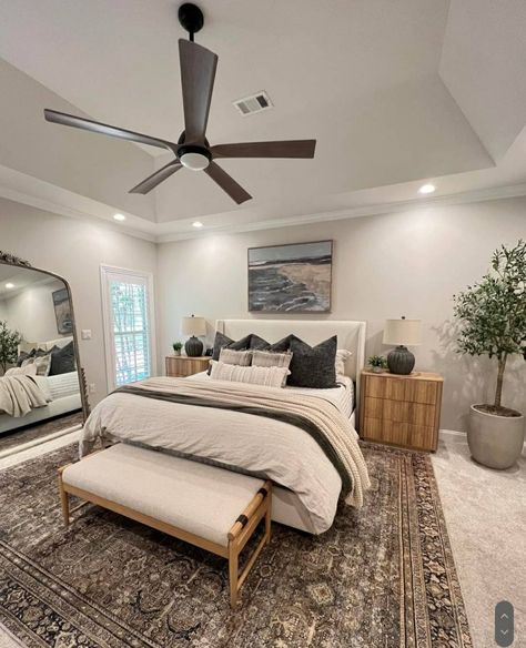 Bedroom Inspo Married Couple, Main Bedroom Ideas Master Suite, Bedroom False Ceiling Ideas, Bed Rooms Ideas For Couples, False Ceiling Ideas, Coastal Craftsman, Bedroom False Ceiling, Cloth Hanger, Neutral Bedroom Decor