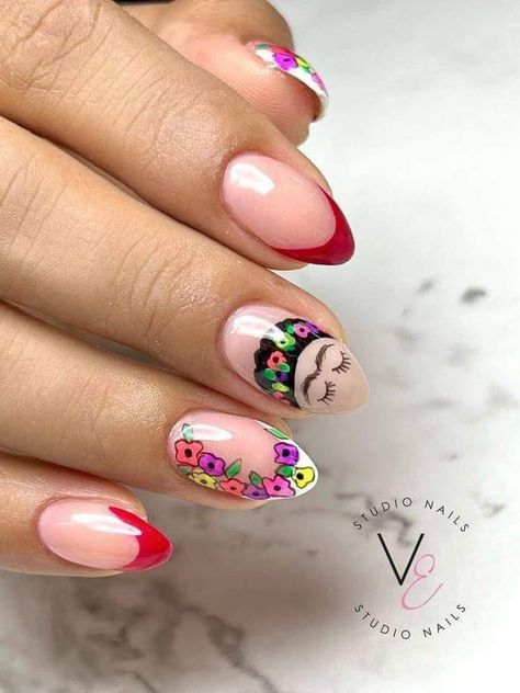 Septiembre Nails, Frida Nails, Mexican Nails, Almond Acrylic Nails Designs, Wedding Day Nails, Wow Nails, Gelish Nails, Nail Art Designs Summer, Casual Nails