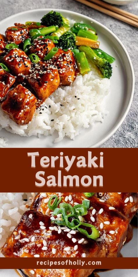 Teriyaki Salmon - Recipes of Holly Teriyaki Salmon And Brussel Sprouts, Teriyaki Salmon Recipes, Teriaki Salmon, Cilantro Lime Salmon, Orange Glazed Salmon, Salmon Teriyaki, Baked Teriyaki Salmon, Salmon Teriyaki Recipe, Honey Salmon