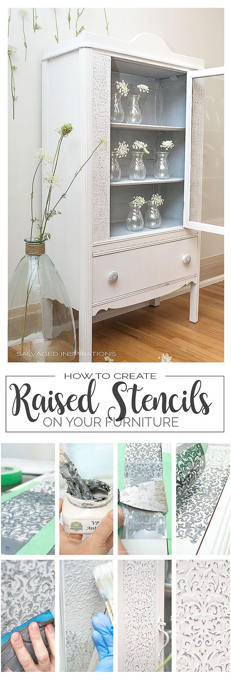 How To Create Raised Stencil Design - Salvaged Inspirations Raised Stencil, Stencil Furniture, Cabinet Makeover, Furniture Renovation, Painting Furniture Diy, Refurbished Furniture, Furniture Restoration, Furniture Makeover Diy, Paint Furniture