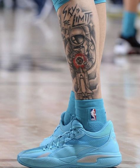 Sky Is The Limit Tattoo, Tattoos Calf, Upper Arm Tattoos For Guys, Star Sleeve Tattoo, Calf Sleeve Tattoo, Leg Tattoos For Men, Upper Leg Tattoos, Basketball Tattoos, Rare Tattoos