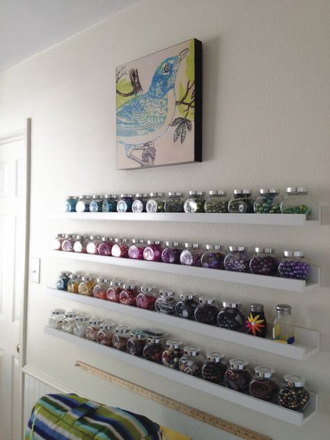 RAJTAN spice jars from Ikea work great for beads. Ribba picture ledges hold these perfectly. Rajtan Spice Jar Ideas, Craft Room Desk, Craftroom Ideas, Picture Ledges, Mini Glass Jars, Shared Girls Bedroom, Drop Down Table, Stained Glass Studio, Scrapbook Organization