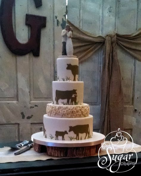 https://flic.kr/p/r9tcyy | rustic wedding cake | the cow silhouette wedding cake revisited -- this time, in colors to coordinate with the topper they selected and with some piped ribbon roses to also match those on the topper. Cow Wedding Cake Topper, Farm Wedding Cake Ideas, Western Wedding Cakes Rustic, Western Wedding Cake Ideas, Cow Wedding Cake, Farm Wedding Cake, Western Wedding Cake, Country Cakes, Cow Cake Topper