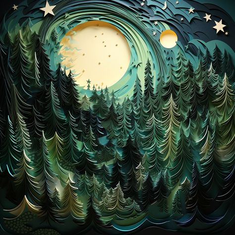 Paper art, miniature, forest, starry sky 3d Paper Art Forest, Forest Paper Art, Shakespeare Poster, Miniature Forest, Paper Animation, Paper Forest, Art Unit, 3d Tree, 3d Paper Art