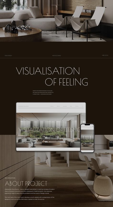 Portfolio website for Ukrainian interior designer - Oleksandra Shevchenko. Oleksandra is a professional in the field of interior and exterior design and she needed a website where she could present her work for future clients, and where she could post inf… Interior Design Website Template, Website Design Inspiration Portfolio, Interior Design Concept Presentation, Interior Design Portfolio Template, Furniture Website Design, Interior Design Portfolio Examples, Interior Designer Website, Moodboard Website, Interior Website