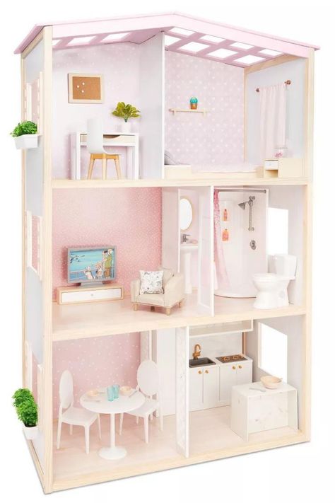 Doll House for 18" Dolls #birthday #present #girls #toys2023 #playroom #ourgeneration #americangirl As a Maverly affiliate I may earn commissions for any qualifying purchases #ad House 3 Floors, American Doll House, Og Dolls, Sliding Curtains, Generation Dolls, Adjustable Shower Head, Chic Wallpaper, Doll House Furniture, Our Generation Dolls