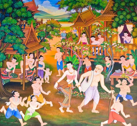 Thai Mural, Thai Temple, Garden Illustration, Thai Art, Buddhist Temple, Reference Poses, Stock Photography Free, Art Reference Poses, Wall Art Painting