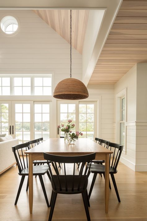 Boothbay Residence — Huffard House Dining Room With Shiplap, Shiplap Dining Room, White Oak Ceiling, Combined Living And Dining Room, Oak Ceiling, Beach House Dining Room, Shiplap Kitchen, Oak Dining Room, Shiplap Walls