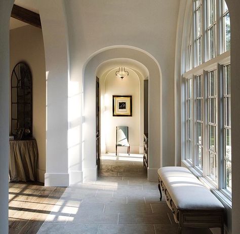 Arched Hallway, Tile Transition, Floor Transition, Shaped House, Conservatory Ideas, White Hallway, Gray Tile, Slate Tiles, Floor Wood