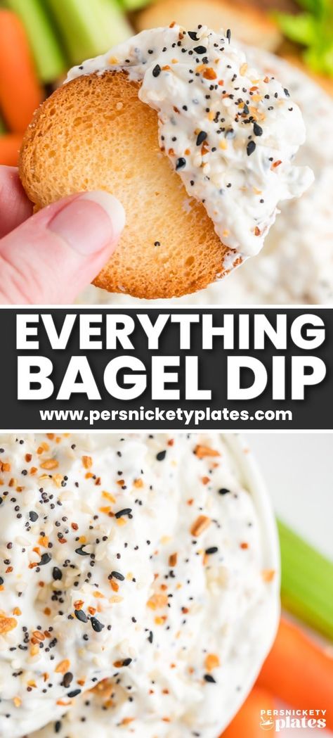 This 3-ingredient Everything Bagel Dip can be whipped up in minutes and served cold! It's got the garlicky, earthy flavors of everything bagel seasoning in a thick, creamy dip, perfect for dipping crackers, chips, bread, and veggies! Everything Dip Recipe, Healthy Dip For Crackers, Easy Dip For Bread, Easy Dip To Make, Dinner Party Dips, Savory Cold Dips, Few Ingredient Dips, Bagel Chips And Dip, Cream Cheese Cracker Dip Easy