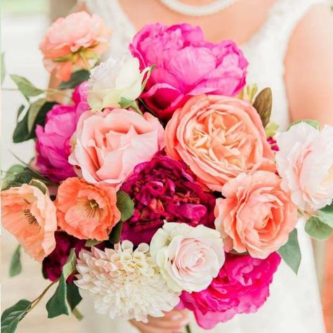 Hot pink, tangerine, cream, peach and blush bridal bouquet. Tangerine garden roses, pink peonies. Wedding bouquet. Hot Pink And Orange Bridal Bouquet, Tangerine And Pink Wedding, Peonies Wedding Bouquet, Peach And Pink Wedding, Hot Pink Wedding Flowers, Hot Pink Bouquet, Watermelon Wedding, Pink Peonies Wedding, Peach Wedding Bouquet