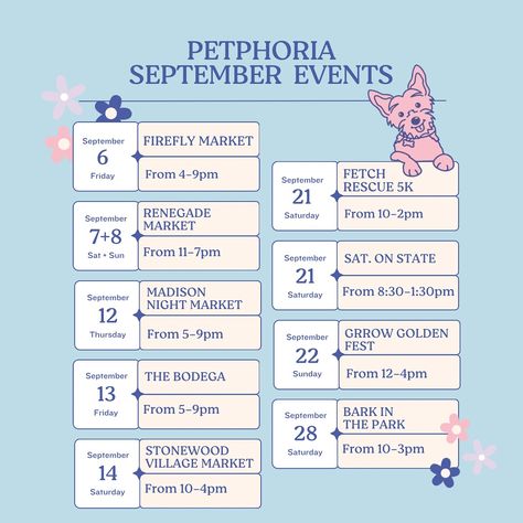 🚨🚨September Events!! ✨ Exciting news, Petphoria fam! ✨ We’re bringing the paw-someness to new heights this September with a lineup of amazing events, including our very FIRST appearance in Chicago! 🐾🎉 From natural dog treats to sassy human apparel and handmade pet accessories, we can’t wait to share the Petphoria experience with you. 🏙️🐶 Be sure to mark your calendars and come say hi—it’s going to be a tail-wagging good time! 🚐🌟 **Always double check on official event pages to confirm da... September Events, Tail Wagging, Natural Dog Treats, Handmade Pet, Event Page, Night Market, Exciting News, Say Hi, Good Time