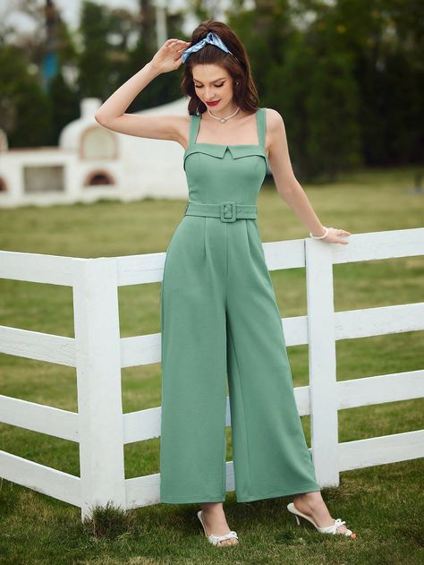 Mint Green Casual,Elegant Collar Sleeveless Knitted Fabric Plain Other Embellished Medium Stretch  Women Clothing Vintage Green Jumpsuits And Rompers For Summer, Summer Retro Outfits, 1940s Jumpsuit Vintage Style, Light Green Jumpsuit, Green Linen Jumpsuit, Mint Jumpsuit, Green Jumpsuit Outfit, Green Wide-leg Jumpsuits And Rompers With Pockets, Clothes Green