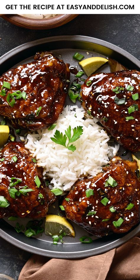 Honey Soy Baked Chicken is a good one for busy weeknights and lazy Sundays. Just mix up a simple honey-soy-garlic sauce, pour it over chicken and bake in the oven. It comes a sweet, salty, sticky chicken dinner – just the sort of flavours everybody loves! #chickenrecipes #baking #asianrecipes #dinnerrecipes Honey Soy Baked Chicken, Honey Soy Chicken Thighs, Asian Chicken Thighs, Chicken Thighs In Oven, Soy Garlic Chicken, Honey Garlic Chicken Thighs, Honey Soy Chicken, Soy Sauce Chicken, Quick Pasta Recipes