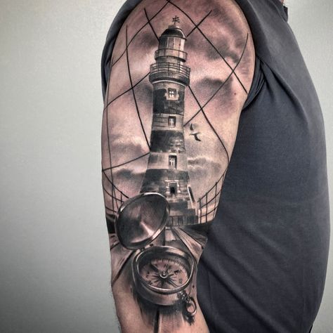 Faro, lighthouse, compass, bussola, realistic tattoo Lighthouse Sleeve Tattoo, House Tattoos, Lighthouse Tattoos, Nautical Tattoos, Kind Tattoo, Nautical Tattoo Sleeve, Lighthouse Tattoo, Men Tattoos Arm Sleeve