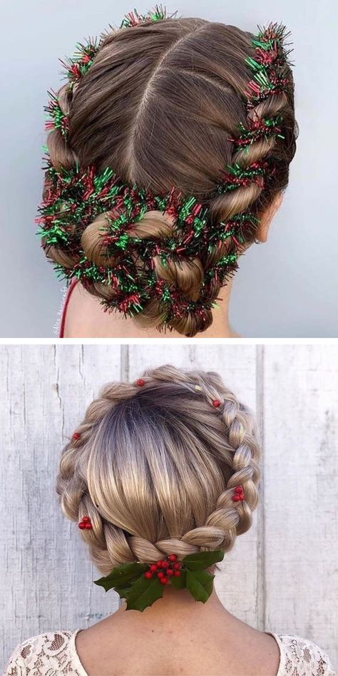 Christmas Hairstyles for Long Hair 2024-2025 9 Christmas Theme Hairstyle, Elf Hairstyles Christmas, Christmas Crazy Hair, Braids With Tinsel, Christmas Hairstyles For Long Hair, Grinch Hair, Easy Christmas Hairstyles, Fun Braids, Christmas Hair Ideas