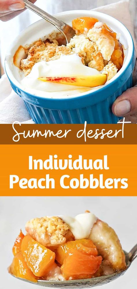 These individual-sized version of peach cobbler is worth taking note of. The size makes it easier to adjust the ratio of filling to biscuit topping. It can be made ahead and frozen, making it easier to plan it as dessert for a gathering or celebration. Peach Cobbler Dessert Cups, Individual Peach Cobbler Easy, Individual Peach Desserts, Individual Peach Cobbler, Mini Peach Cobbler, Peach Blueberry Cobbler, Seasonal Recipes Fall, Fresh Peach Cobbler, Cobbler Easy