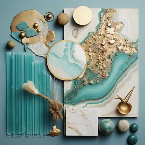 Teal And Gold Branding, Aquamarine Decor, Material Mood Board Interior Design, Turquoise Mood Board, Beach Mood Board, Luxury Mood Board, Mood Board For Interior Design, Turquoise Interior Design, Interior Turquoise