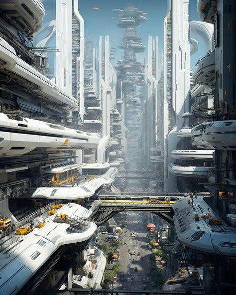 Sci Fi City Futuristic Architecture, High Tech City, Futuristic City Utopia, Scifi Artwork, Sci Fi Architecture, Sci Fi Landscape, Science Fiction Artwork, Future Buildings, Sci Fi City