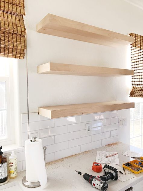 Subway Tile Floating Shelves, Updating White Kitchen, Kitchens With Shelves And Cabinets, Diy Thick Floating Shelves, White Subway Tile Kitchen Backsplash With Floating Shelves, Open Shelving In Small Kitchen, No Tile Backsplash Kitchen, Backsplash With Floating Shelves, Diy Open Shelving Kitchen