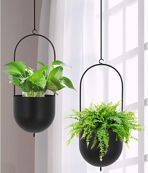 Amazon.com: Set of 2 Metal Hanging Planters Flower Pots Matte Black Big Size Pots Mid Century Modern for Home Dector Indoor & Outdoor: Garden & Outdoor Metal Plant Hangers, Metal Hanging Planters, Hanging Planters Indoor, Small Flower Pots, Hanging Design, Plant Stand Indoor, Modern Planters, Ceiling Hanging, Metal Planters