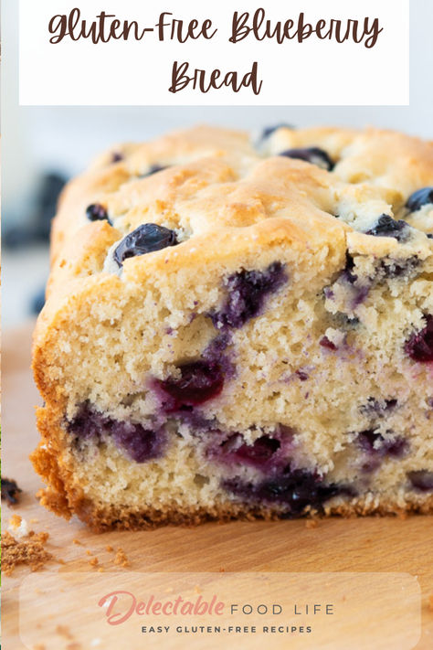 loaf of gluten free blueberry bread on cutting board Gluten Free Lemon Blueberry Pound Cake, Gluten Free Blueberry Cake Recipes, Gf Blueberry Bread, Gluten Free Blueberry Loaf, Gluten Free Breakfast Bread, Gluten Free Blueberry Bread, Blueberry Loaf Bread, Gluten Free Blueberry Recipes, Buddy Bars