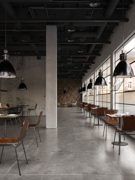 Restaurant 001 on Behance Cafe Design Inspiration, Warehouse Kitchen, Modern Restaurant Design, Industrial Cafe, Industrial Restaurant, Brick Cladding, Small House Elevation Design, Cafe Shop Design, Restaurant Concept