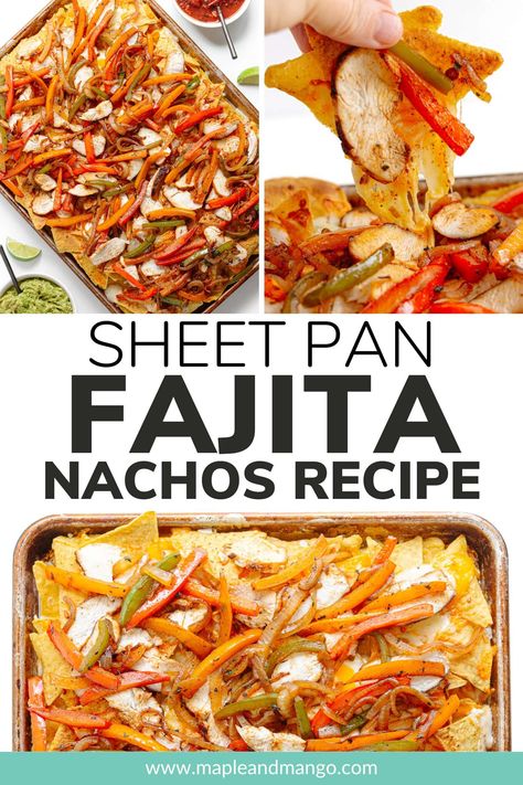 Imagine everything you love about chicken fajitas (or steak!) piled on top of cheesy nachos – pure yum! These fajita nachos are perfect for a fun casual dinner, game day gatherings, movie night snacking or any time you’re craving some epic sheet pan nachos. | www.mapleandmango.com Fajita Sides, Nachos Sheet Pan, Fajita Nachos Recipe, Fajita Nachos, Veggie Nachos, Sheet Pan Nachos, Fajita Seasoning Recipe, Pan Nachos, Cheesy Nachos