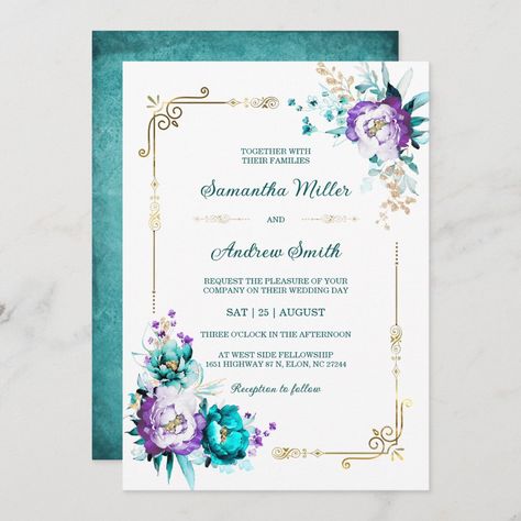 Editable Teal and Purple Gold Wedding Invitation Teal And Purple Wedding Invitations, Teal And Purple Wedding, Purple Gold Wedding, Purple And Gold Wedding, Amazing Backyard, Tiffany Blue Wedding, Gold Wedding Invitation, Purple Wedding Invitations, Gold Wedding Invitations