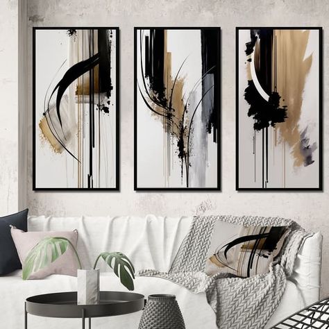 Designart "Black, White And Gold Expression I" Abstract Framed Wall Art Set Of 3 - Modern Gallery Set For Office Decor - Bed Bath & Beyond - 41098747 Black White And Gold, Modern Wall Art Canvas, White Paneling, Frame Wall Decor, Canvas Set, Framed Canvas Art, Framed Canvas Prints, Modern Wall Art, Abstract Canvas