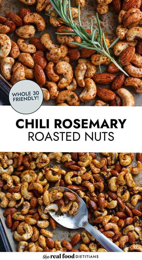 Holiday Spiced Nuts Recipe, Spicy Nuts Roasted, Flavored Nuts Recipes, Christmas Nuts Recipes, Rosemary Cashews, Nut Mix Recipe, Snacky Foods, Nut Mixes, Chili Spice