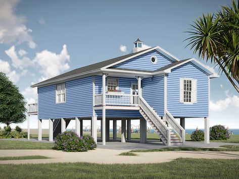 Easy to build, small beach cottage. Vaulted ceilings in Living Room and Kitchen. Oriented for rear-facing views. It's ideal for a family weekend getaway! Elevated Coastal House Plans, Raised Houses, Elevated Beach House, Beach Homes Plans, Beach Style House Plans, Beach House Plan, Coastal House Plans, House On Stilts, Coastal House