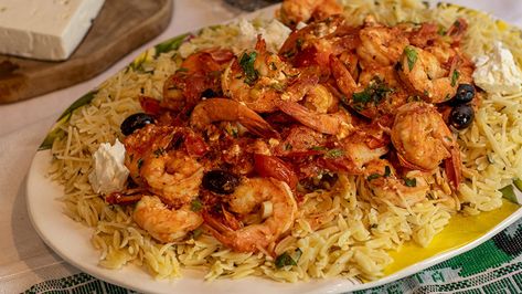 Shrimp Saganaki & Orzo Meze Ideas, Orzo Shrimp, Orzo With Shrimp, One Pot Shrimp, Shrimp Saganaki, Lemony Orzo, Dimitras Dishes, Greek Shrimp, Shrimp Orzo