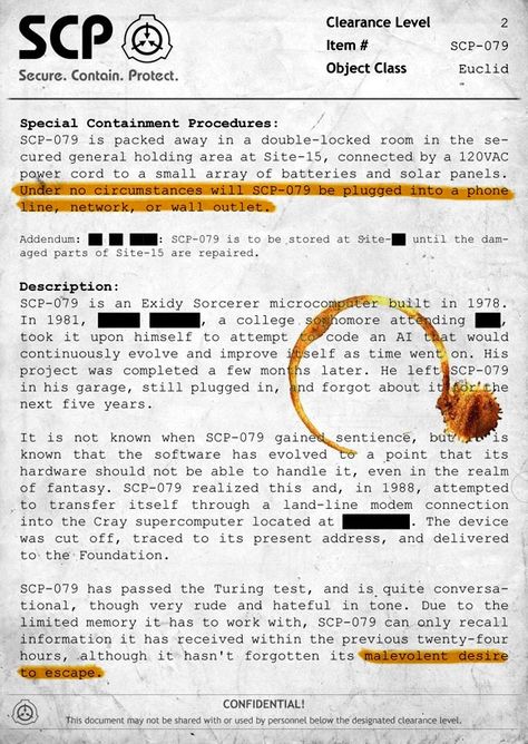 SCP-079 Document Scp Documents, Scp 500, Scp 513, Scp 1048, Scp 682, Scp 049, Forensic Scientist, Scp Foundation, Important Information