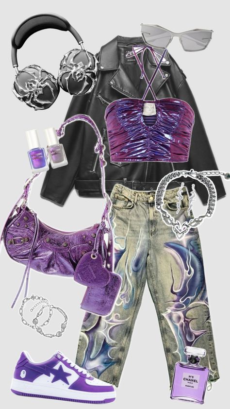 Outfit Inspo! #outfitinspo #outfit #outfitideas #y2k #y2kaesthetic #cybercore #grunge #kpop #aespa #supernova #cute #streetwear #fashion #fashioninspo #aesthetic #purple #purpleaesthetic #silver #blue #trendy #fyp Cute Streetwear, Aesthetic Purple, Silver Blue, Streetwear Fashion, Purple, Outfit Inspo