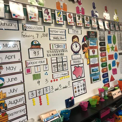 Maths Wall, First Grade Math Wall, Math Wall Kindergarten Classroom, Math Wall 1st Grade, Focus Wall 1st Grade, 2nd Grade Math Wall, Calendar Wall Classroom, Kindergarten Math Wall, Kindergarten Calendar Wall