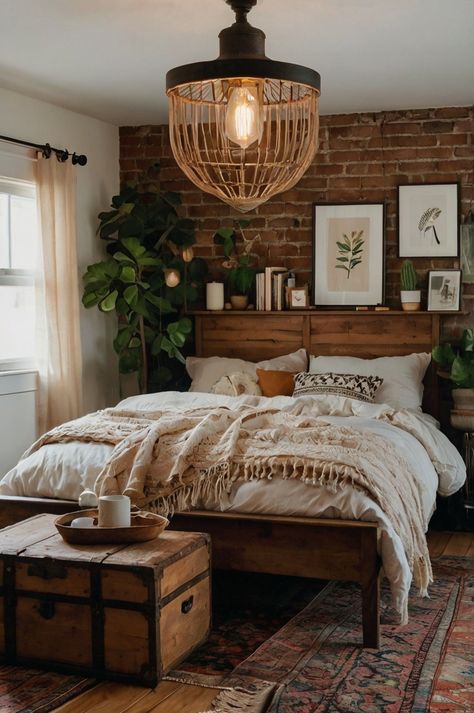 This cozy rustic loft bedroom features a mix of exposed brick, warm wooden furniture, and bohemian textures. The layered bedding with soft tassels and throw blankets adds a comforting vibe, while the vintage chest and botanical decor create a grounded and natural ambiance. A perfect retreat for those who love earthy tones and eclectic charm. 🌾🛏️  #RusticLoft 🌿 #BohoBedroom ✨ #ExposedBrick 🧱 #VintageCharm 🛋️ #LayeredBedding 🛏️ #CozyDecor 💫 #NaturalElements 🌱 #BohemianStyle 🌟 #LoftLiving Bohemian Industrial Decor Bedroom, Simple Industrial Bedroom, Brick Apartment Bedroom, Light Industrial Bedroom, Rustic Loft Bedroom, Exposed Brick Walls Bedroom, Brick Wall Bedroom Ideas, White Preppy Bedroom, Cozy Loft Bedroom