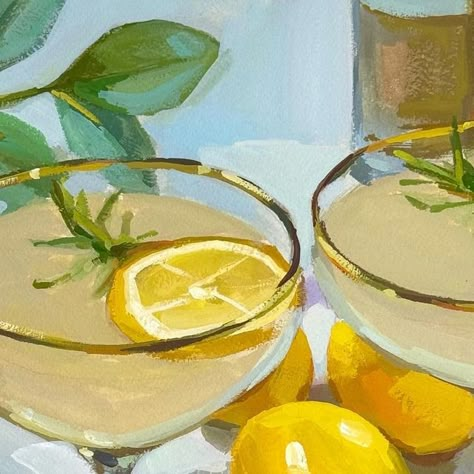 Vicki McGrath on Instagram: "UPDATE: SOLD “Happy Hour 4” - 10” x 10” gouache painting on 140lb cold press watercolor paper, with a 1” white border. Chicago has been extremely DREARY, so I’m channeling summer and sunshine through my paintings 🍋☀️ I think this one is my personal favorite so far in the cocktail series 😊 **AVAILABLE in my Daily Paintworks gallery! Link in bio. Get it before it gets swiped up! . . . #gouache #gouachepainting #artforsalebyartist #artcollector #artlover #lemons #colorfulart #dailypaintworks #artforyourhome #cottagestyle" Lemon Artwork Paintings, Quick Things To Paint, Summer Gouache Painting, Paintings Of Cocktails, Watercolor Cocktail Art, Cocktail Painting Acrylic, Summer Aesthetic Painting, Watercolor Painting Aesthetic, Painting Cocktail